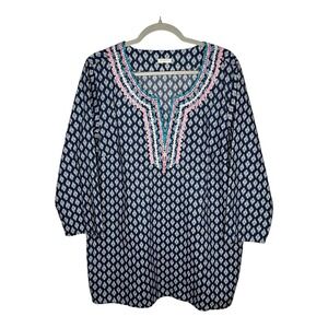 Talbots Top Womens XL Blue Embroidered 3/4 Sleeves Relaxed Fit Cotton Boho Shirt